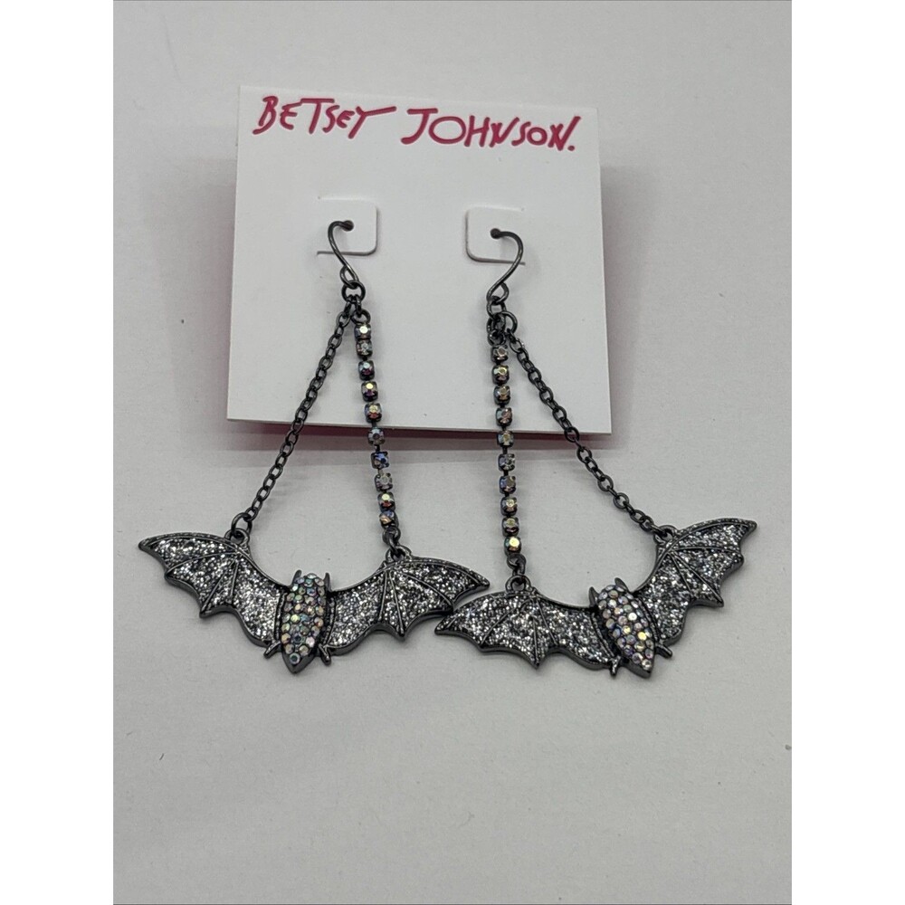 Betsey Johnson Silver Tone Dangling Bat Earrings With Crystal Accents New W/Obox
